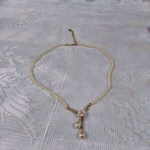 1928 Gold-Tone Pearl Necklace with Pink Rose Accent
